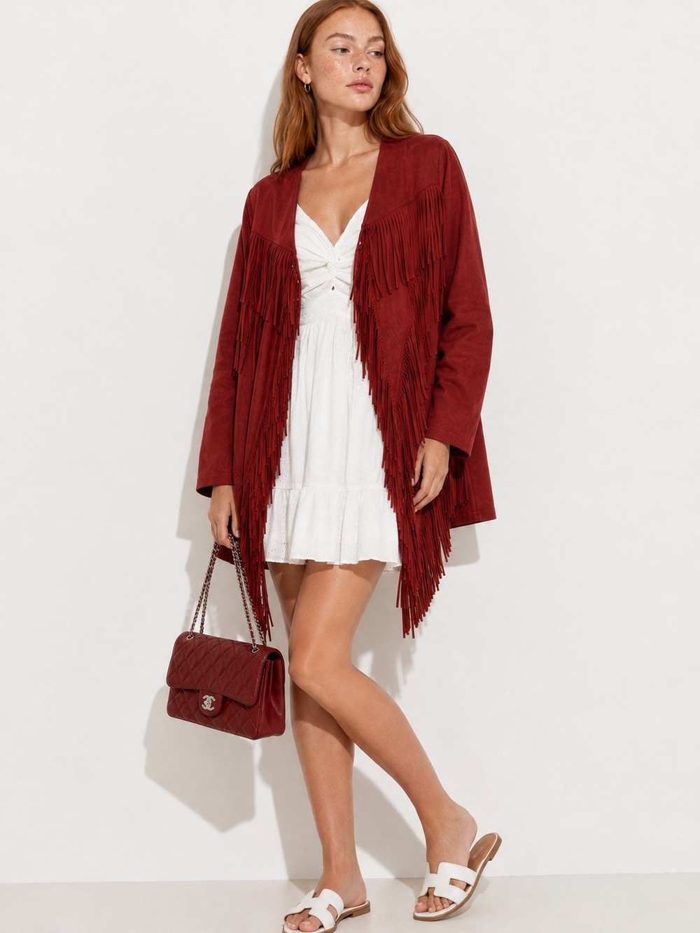 ANGIE Brick Red Faux Suede Fringe Open Front Cardigan Jacket L Boho Western Y2K